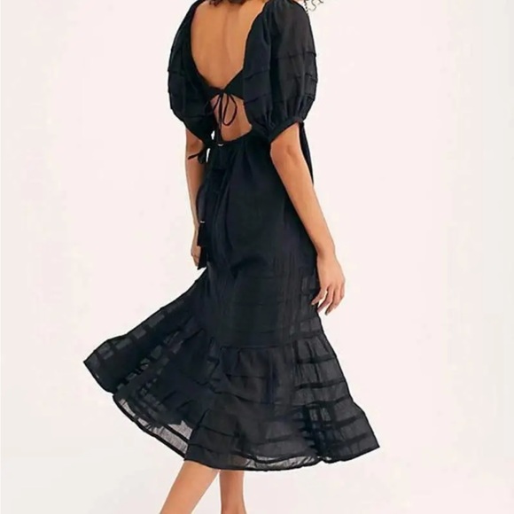 FREE PEOPLE Black Lets Be Friends Drawstring Waist Puff Sleeve Midi Dress L - Picture 3 of 8